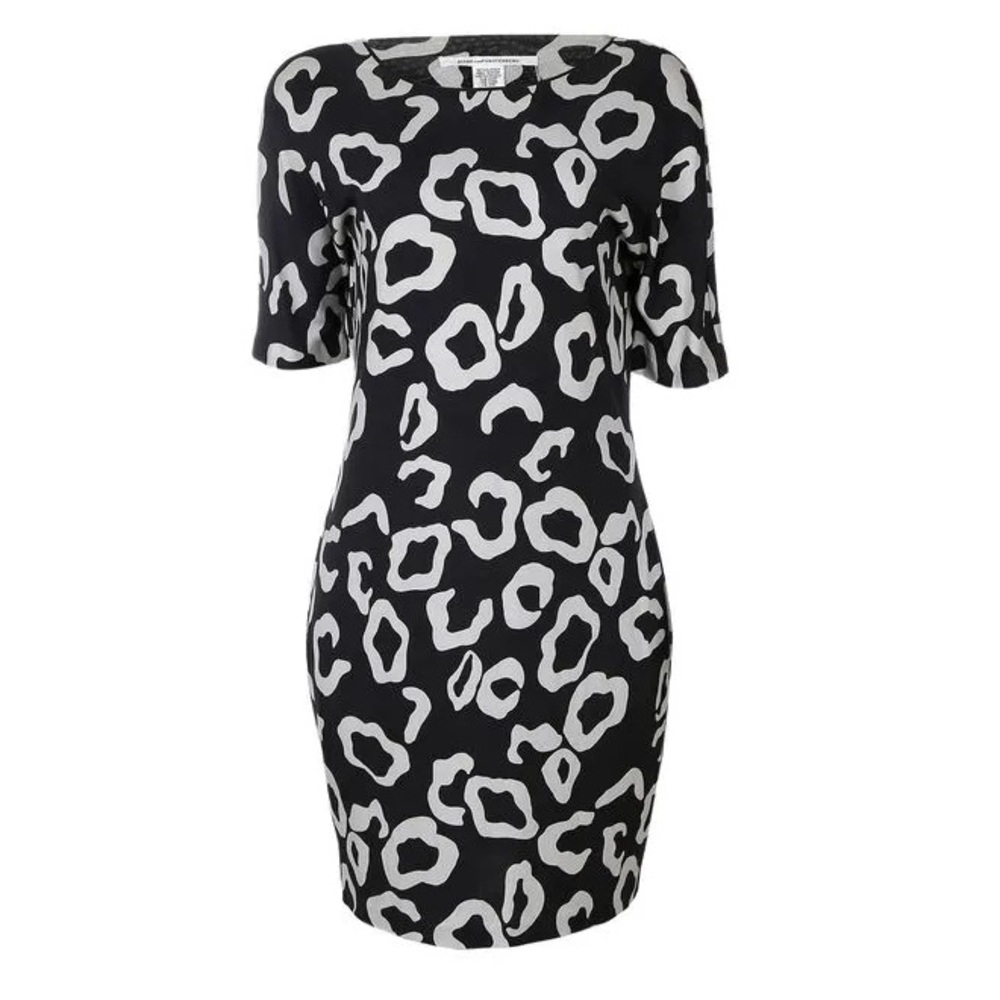 NWT CYRANO DVF Black & Silver Leopard Print Silk Knit Short Sleeve Mini Dress